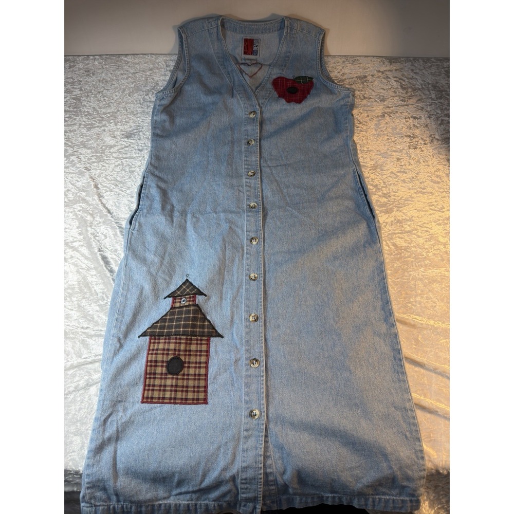 Vintage Sunbelt Denim Jumper Dress M USA Apple Birdhouse Applique Teacher Core